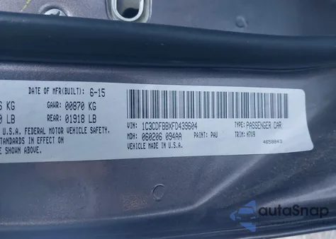 2015 Dodge Dart Sxt z USA, uszkodzony, nr VIN 1C3CDFBBXFD439604